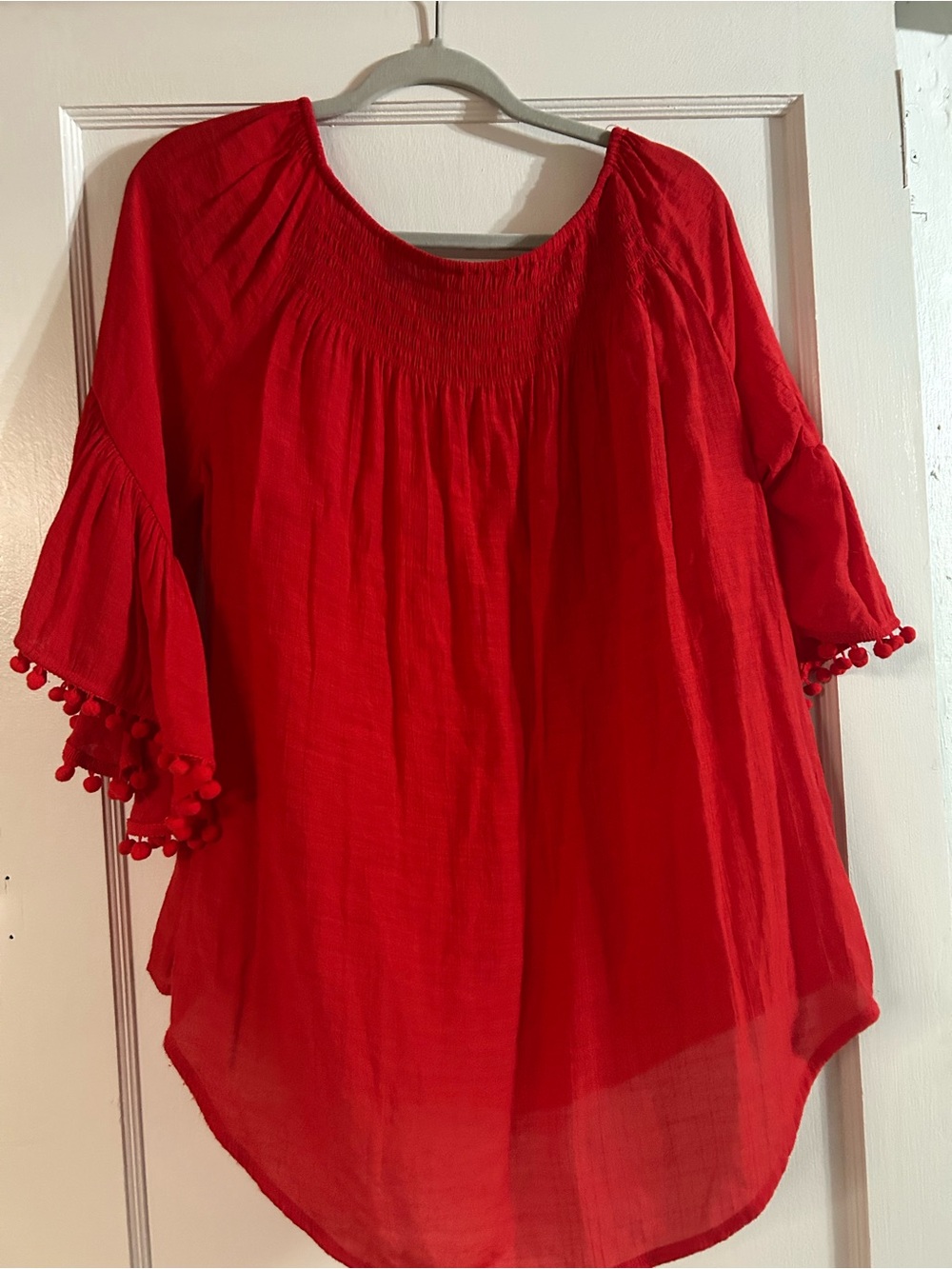 Cato Red Pom Pom Sleeve Peasant Tunic